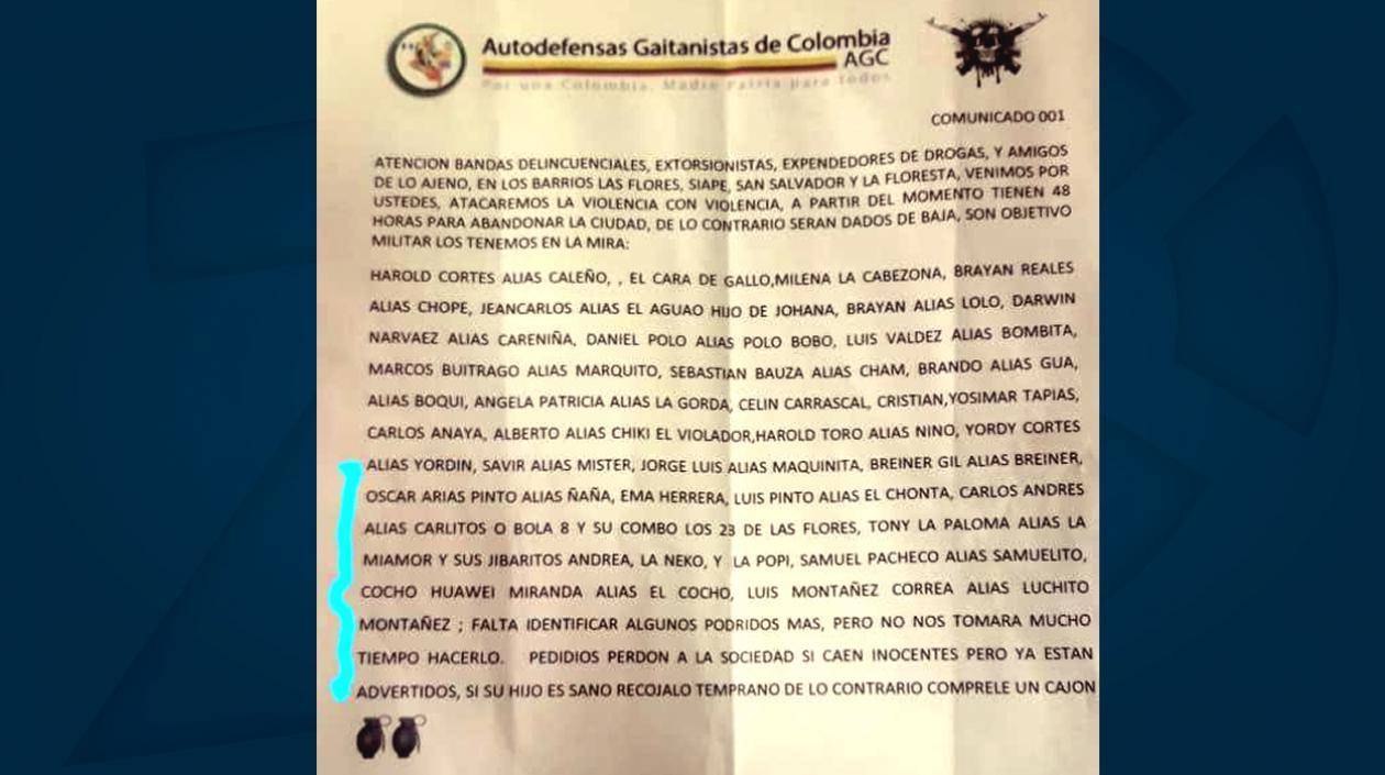 El panfleto que lanzaron en los barrios mencionados.