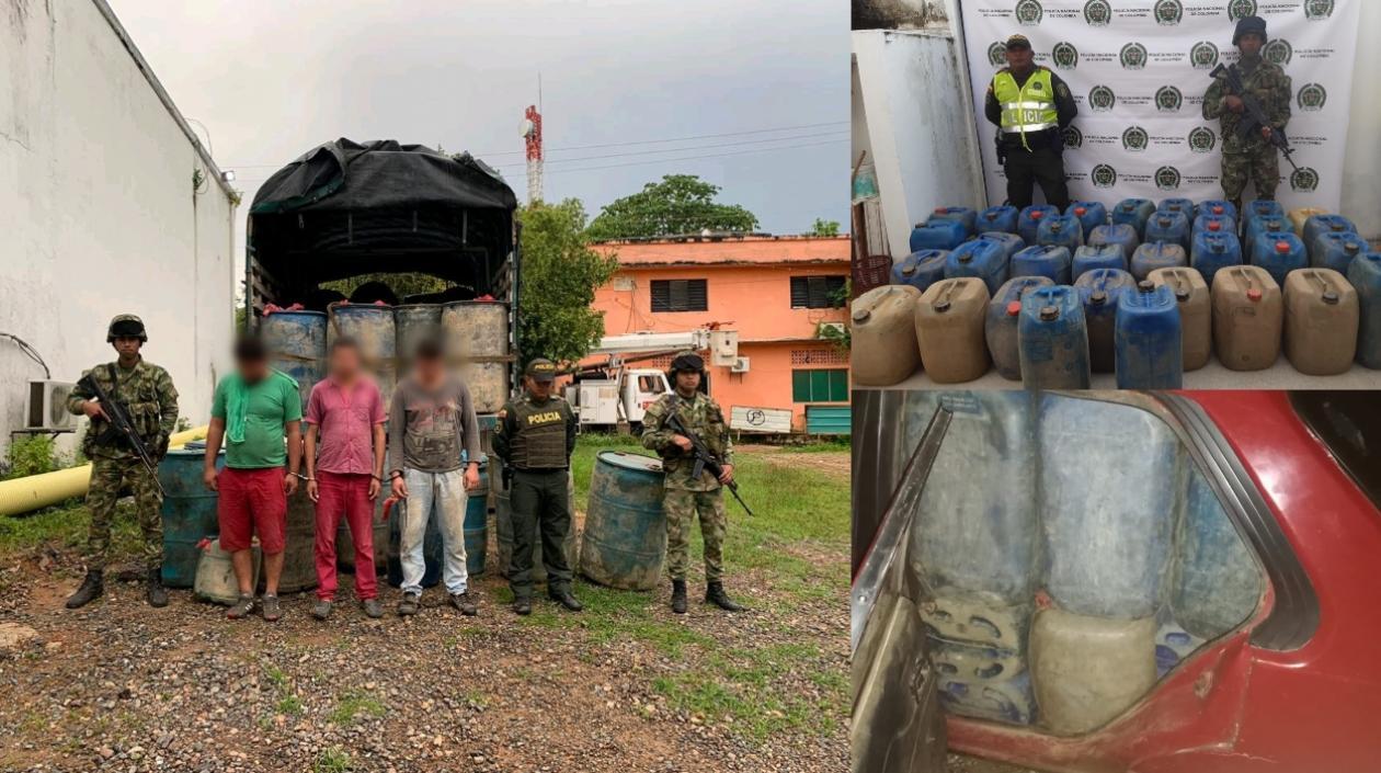 Los capturados y el combustible incautado.