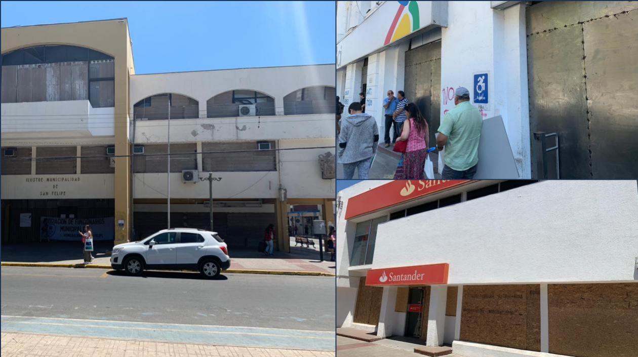 Alcaldía de San Felipe incendiada, negocios cerrados y bancos medio cerrados y protegidos en Chile.
