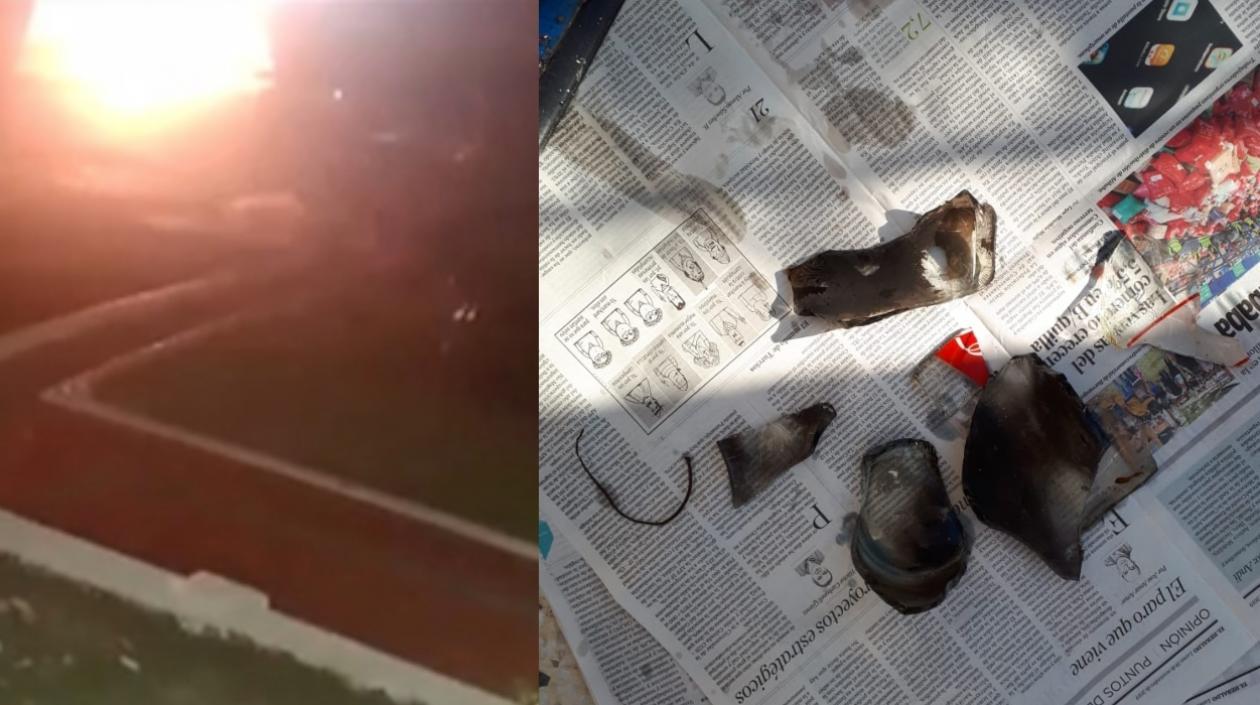 Momento del ataque y partes del artefacto que la lanzaron.