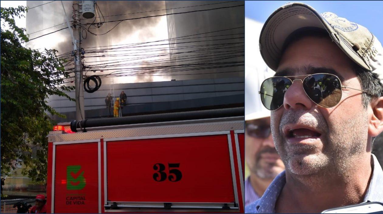 Bomberos controlan y sofocan el incendio. En la foto de la derecha, el Alcalde de Barranquilla, Alejandro Char.