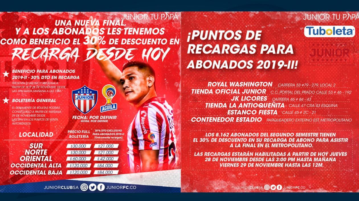 Así anunció Junior sus promociones para la final. 