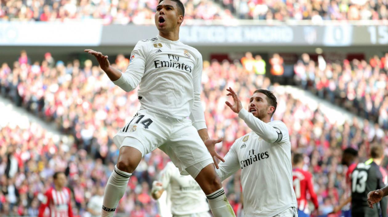 Casemiro celebra el primer gol del Real Madrid al Atlético. 