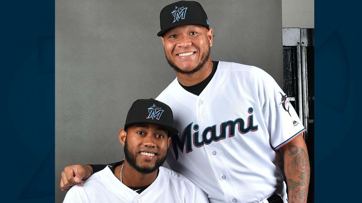 Tyron Guerrero y Harold Ramírez, peloteros de los Marlins. 