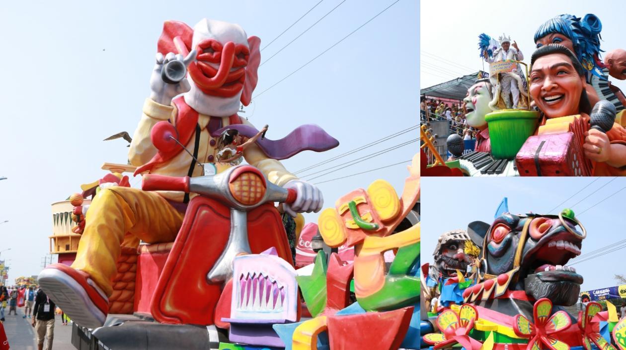 Las carrozas 'Pa’ quilla me voy', 'Tributo Musical' y 'Batalla por la Alegría'.