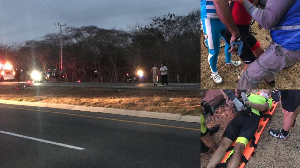 Momento en que eran auxiliados los dos ciclistas que resultaron arrollados por una moto.