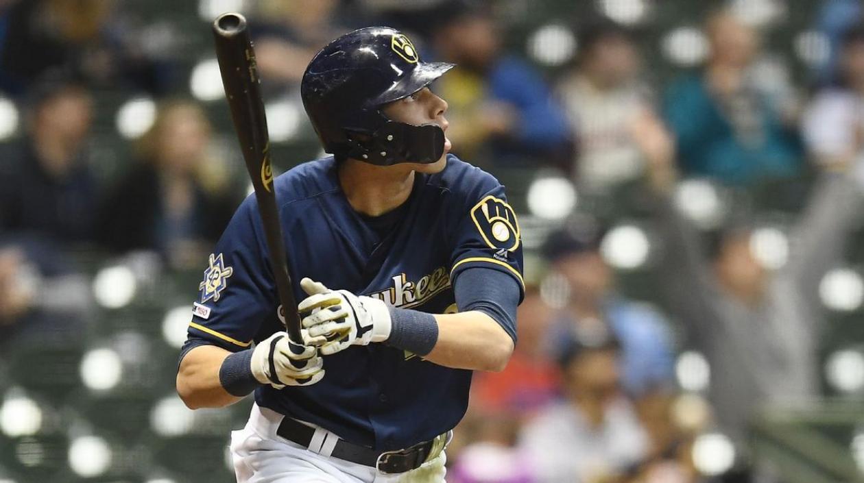 Christian Yelich, tras conectar uno de sus cuadrangulares. 