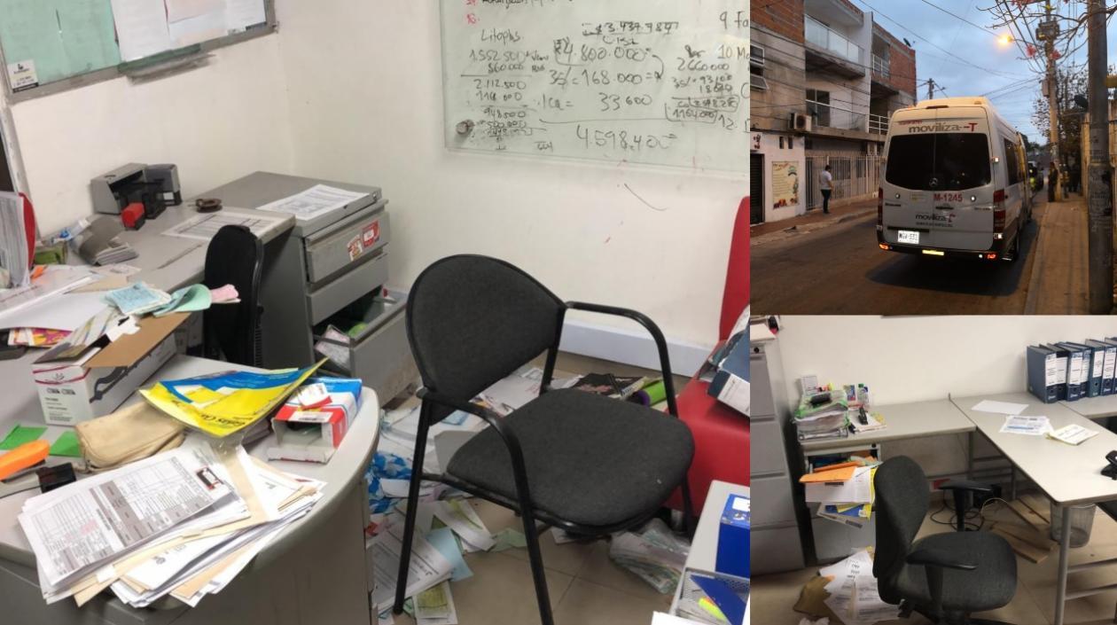 Las oficinas y la Van que se llevaron los delincuentes.