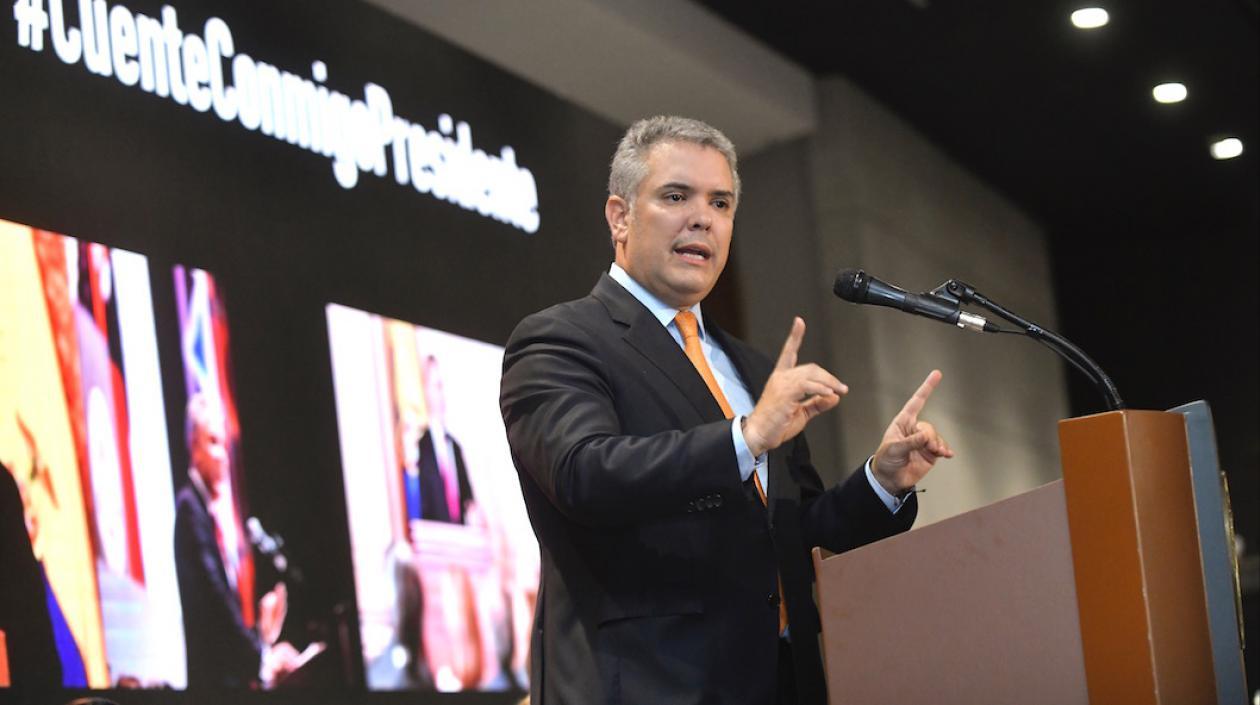 El Presidente Iván Duque, durante su intervención en la Cámara de Comercio de Bogotá.