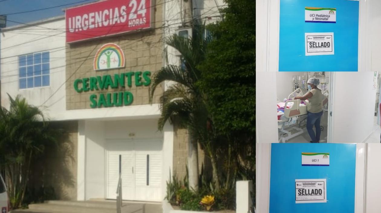 Fachada de la IPS Cervantes Salud y los sellos en UCI de adultos y Pediátrica.