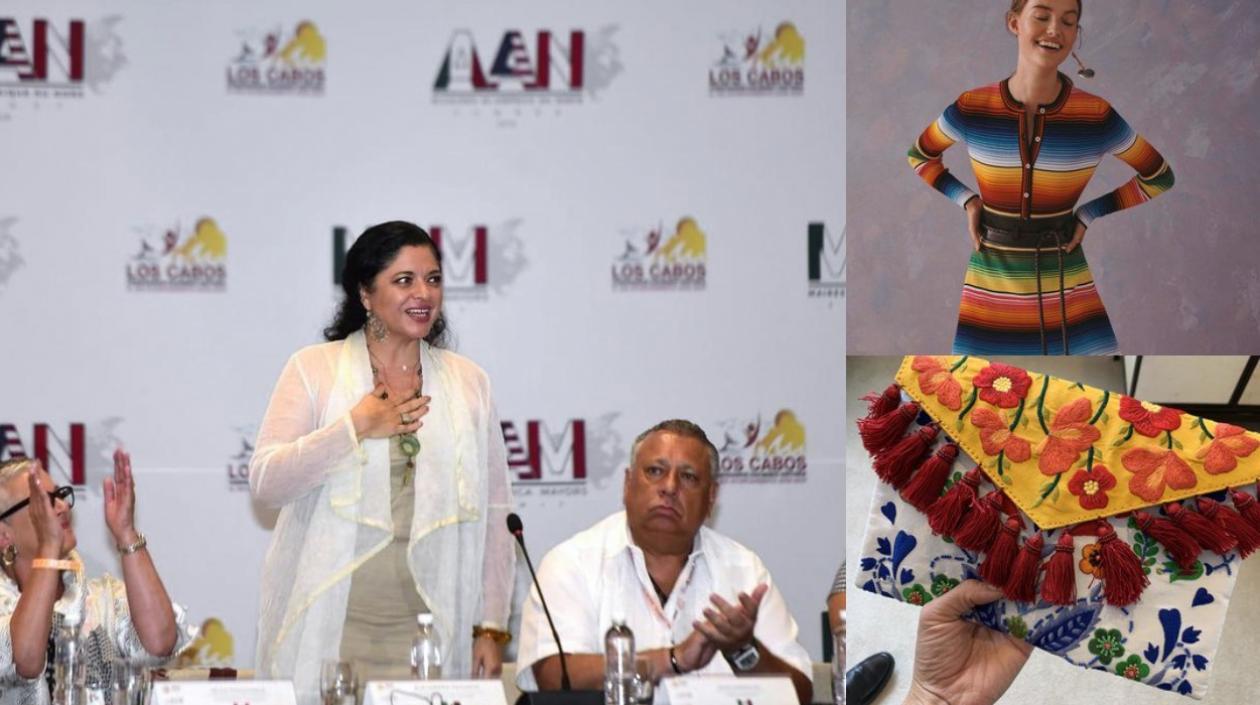 La secretaria de Cultura mexicana, Alejandra Frausto y los diseños.