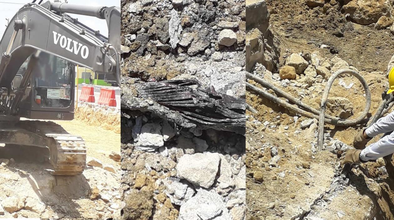 Retroexcavadora que provocó el incidente y el cable averiado.
