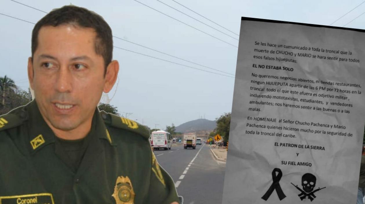 El comandante de la Policía de Santa Marta, Gustavo Berdugo y el panfleto.