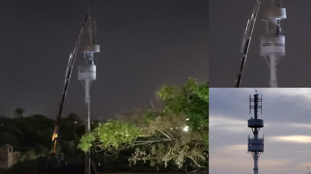 La instalación de la antena en la madrugada.