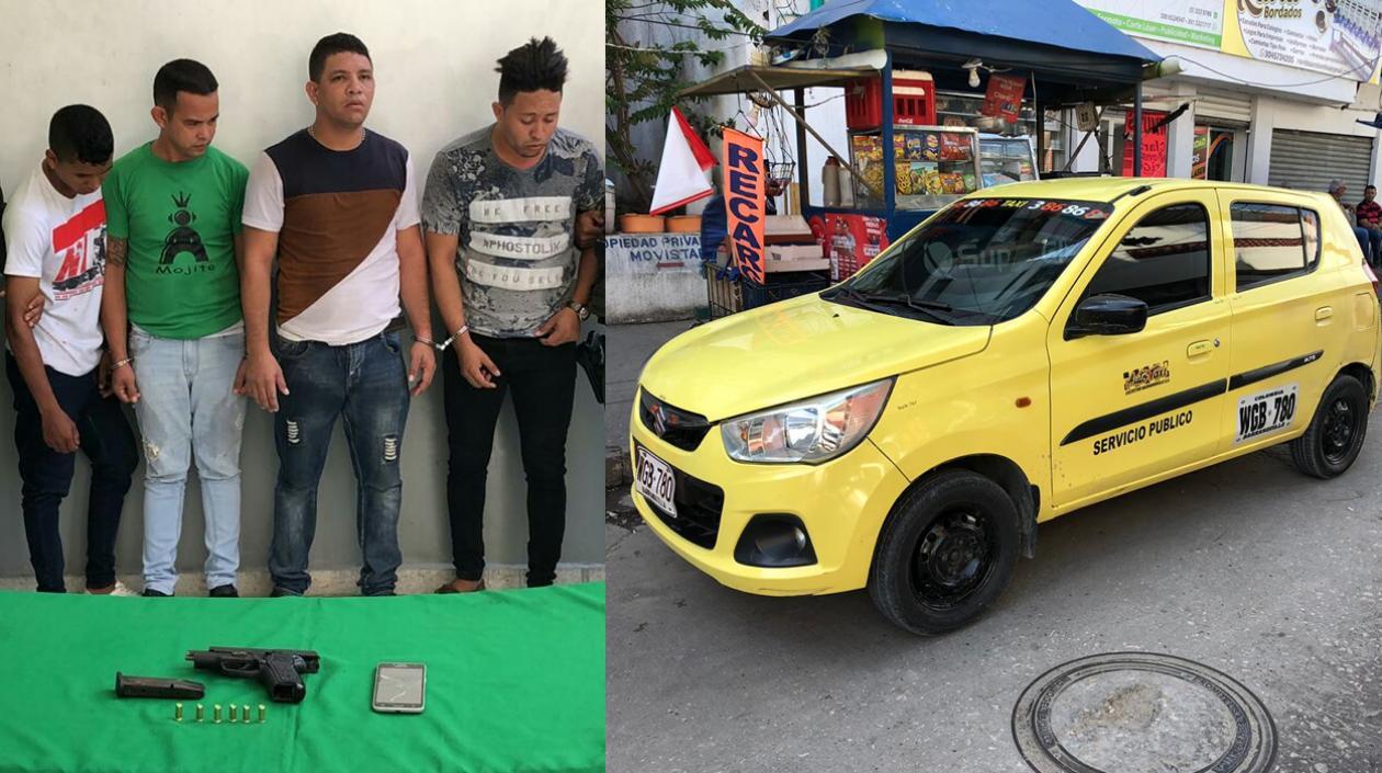 Los cuatro presuntos atracadores. Al lado, el taxi en el que huían.