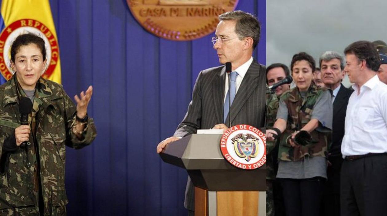Íngrid Betancur el día de la liberación, con Uribe y Santos.