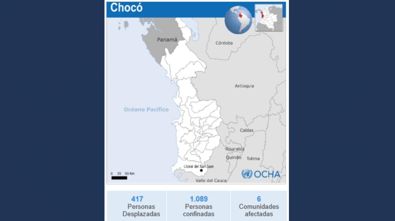 Mapa en el que se observa el municipio Litoral del San Juan de donde fueron desplazadas las comunidades.