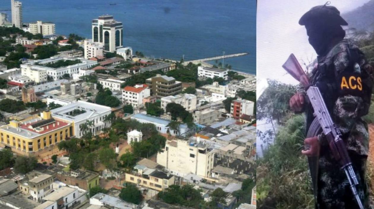 A la derecha se ve a un hombre armado en la Sierra Nevada portando el distintivo de las ACS. 