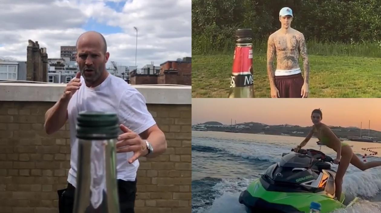 Jason Statham, Justin Bieber y Kendall Jenner realizando el reto.