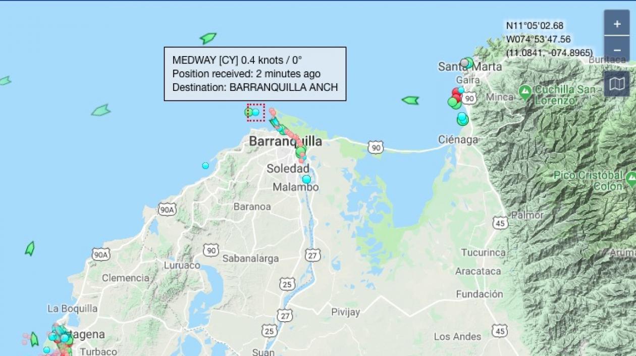 Posición en la que se mantiene la draga 'Medway', frente a Bocas de Ceniza.
