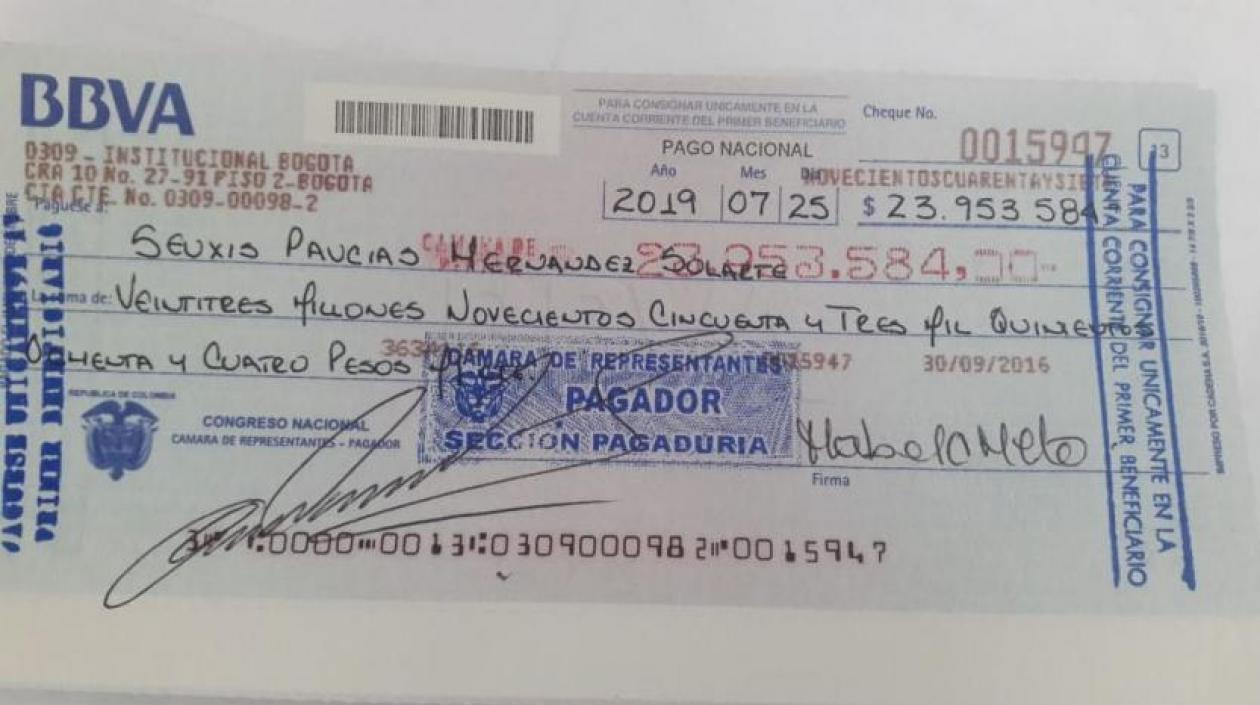 El cheque que le generaron a 'Jesús Santrich'.