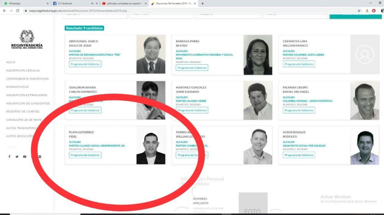 Así aparecen los candidatos a la alcaldía de Soledad en la página de la Registraduría.