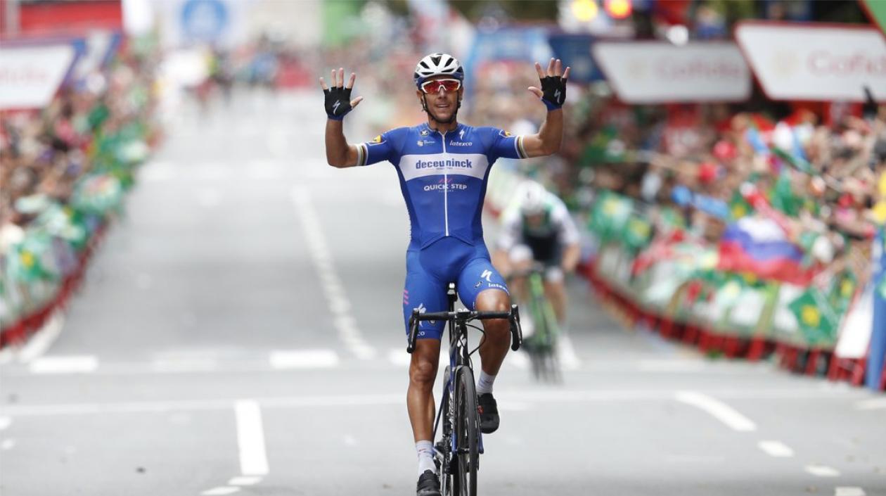 Philippe Gilbert celebra su triunfo en Bilbao. 