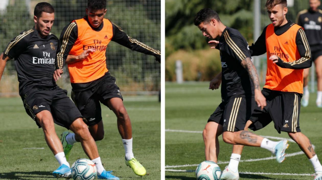 Eden Hazard y James Rodríguez durante el entrenamiento. 