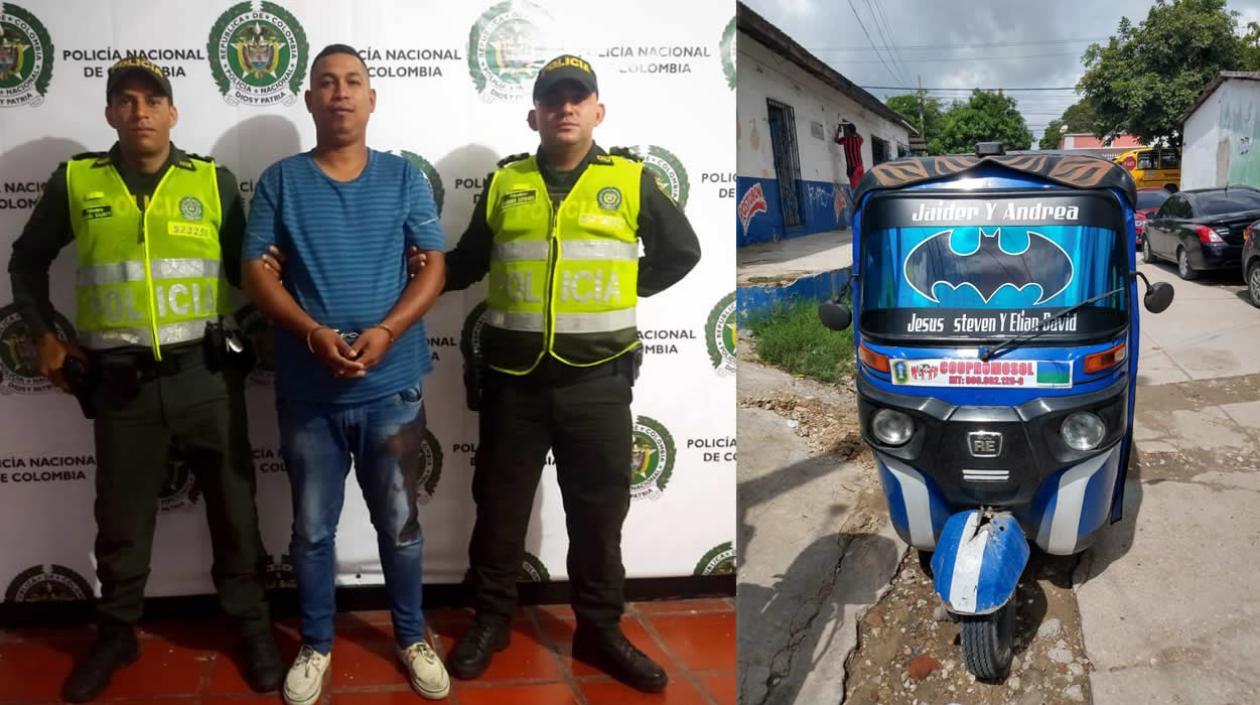 Luis Fernando Domínguez Pérez, presentado por la Policía y el motocarro robado.