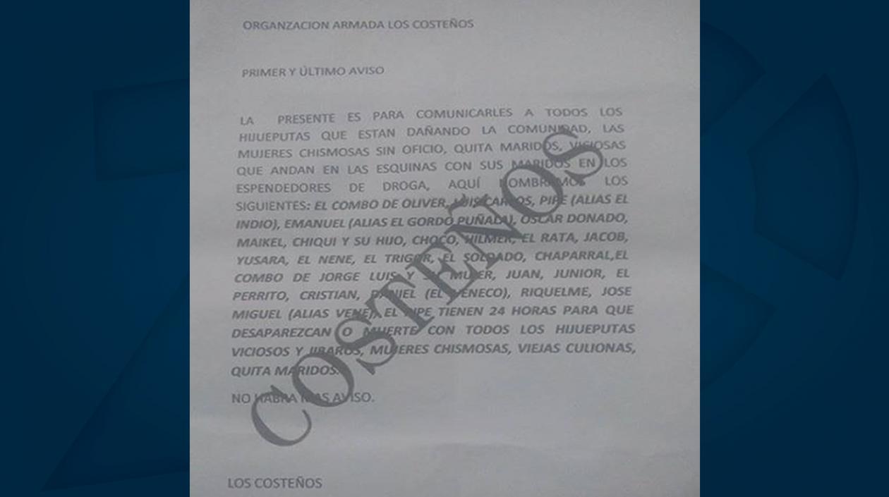 Panfleto que circula en el barrio las Granjas.