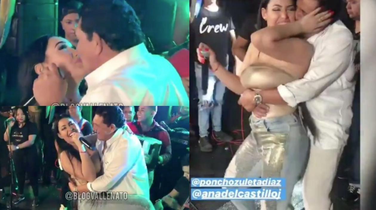 Beso de Ana Del Castillo y Poncho Zuleta, durante la presentación.