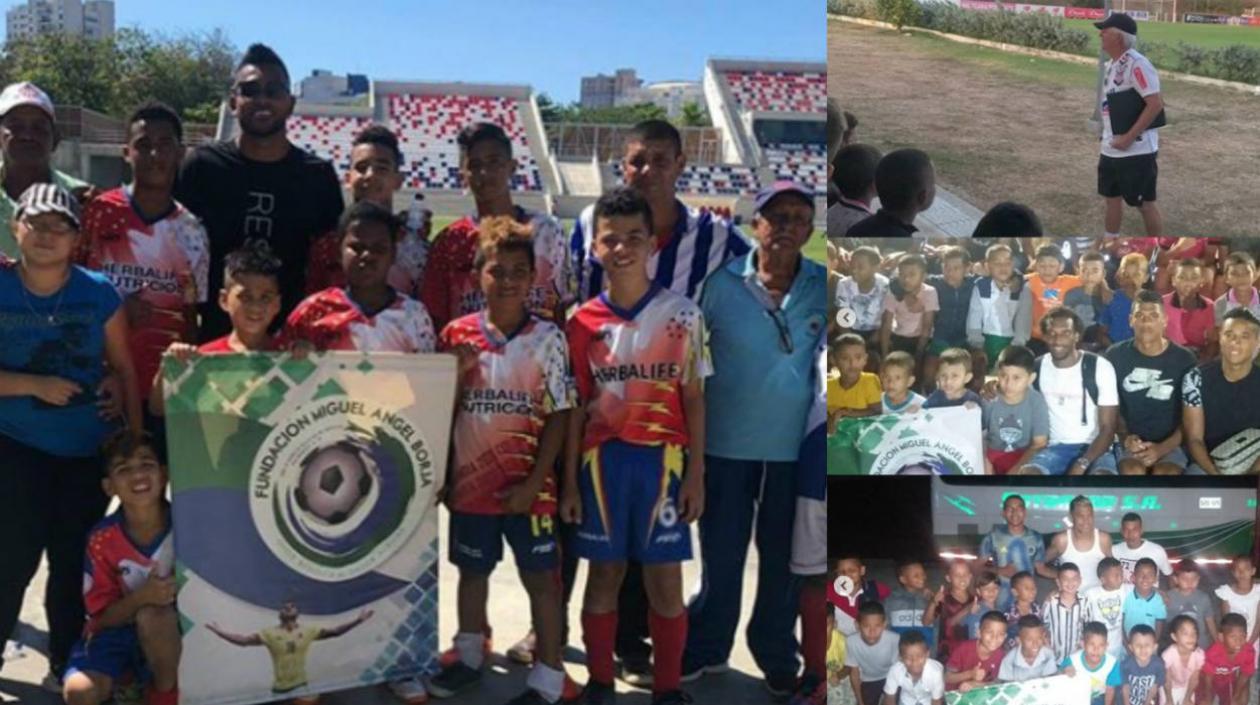 Miguel Ángel Borja con los niños de su fundación, quienes conocieron a los jugadores de Junior. 