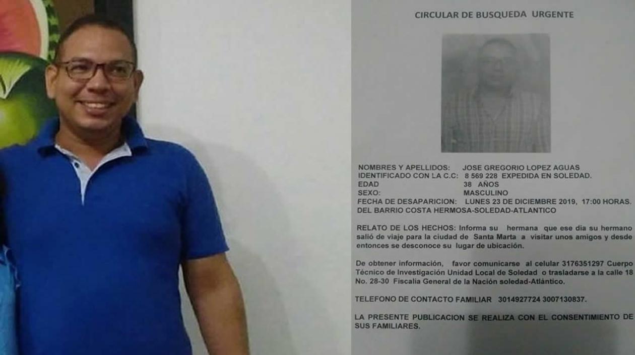 José Gregorio López Aguas y copia de la denuncia de su desaparición.