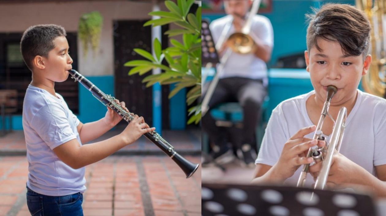 Dos niños integrantes de la Banda 22 de Mayo de Sabanagrande.