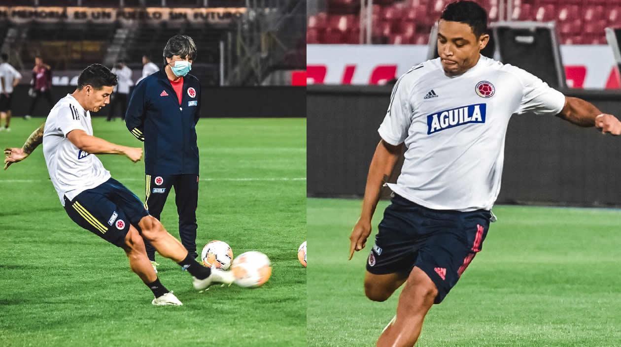 James Rodríguez y Luis Fernando Muriel, durante la práctica de este lunes.