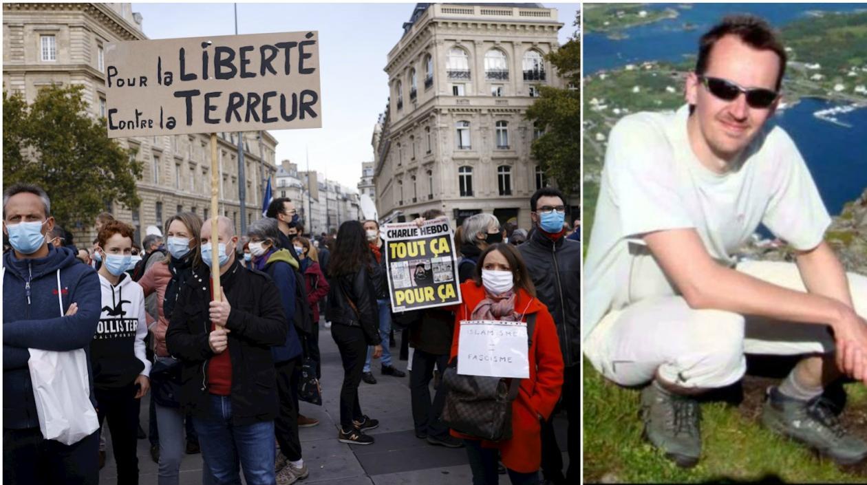 Samuel Paty, derecha, profesor decapitado por un extremista.