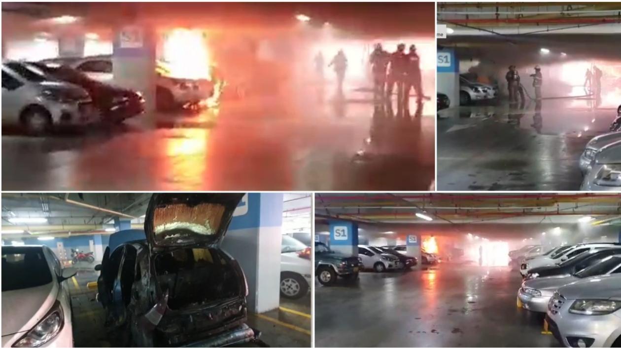 Los bomberos sofocaron las llamas de un carro compacto en parqueadero de centro empresarial Buenavista.
