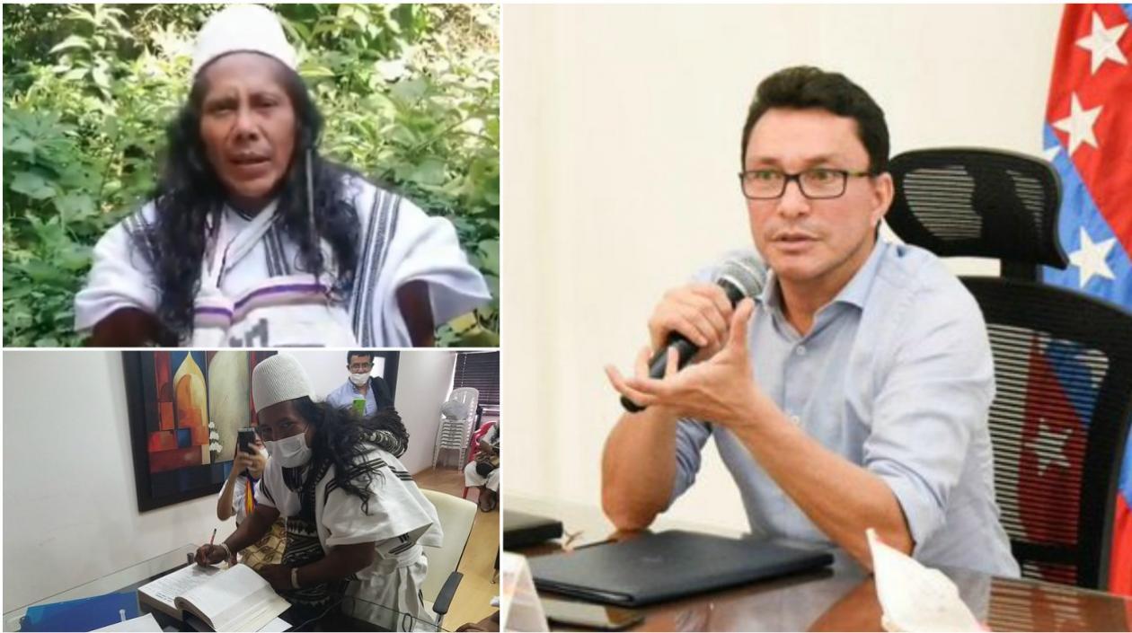 Danilo Villafañe y  Zarwawico Torres, del pueblo Arhuaco; en la otra foto el Gobernador del Magdalena, Carlos Caicedo.