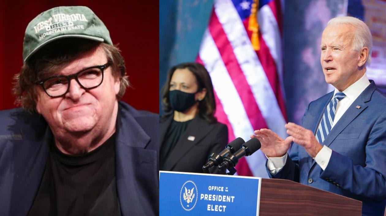 Michael Moore, Kamala Harris y Joe Biden.