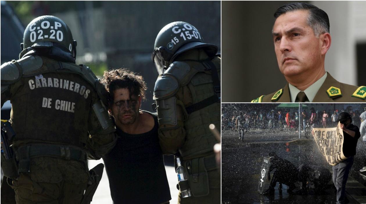 Carabineros detienen hoy a un manifestante durante una protesta junto al Palacio de La Moneda, en Santiago (Chile).