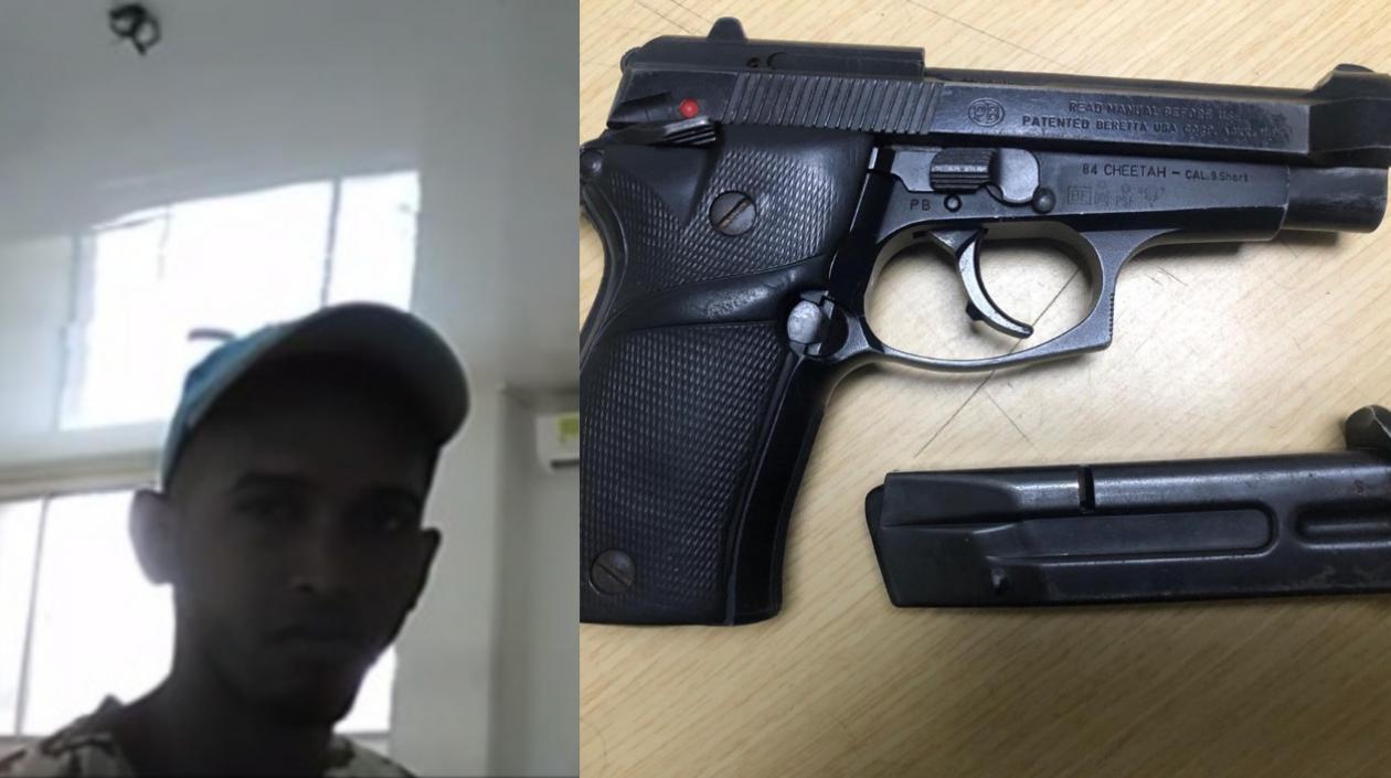 Larry Jair Galvis Orozco durante la audiencia virtual y el arma que le hallaron cuando fue capturado. 