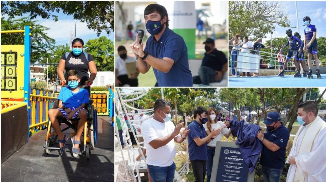 El alcalde Pumarejo, su esposa Silvana, y un sacerdote en la entrega del parque La Inmaculada en Las Palmas.