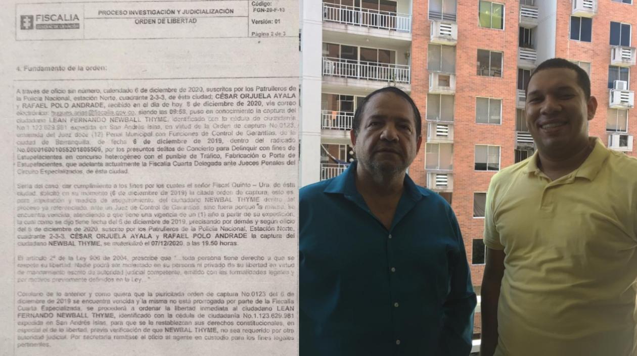 Lean Fernando Newball Thime con su abogado Fernando Bernier y la orden de libertad por parte de la Fiscalía. 