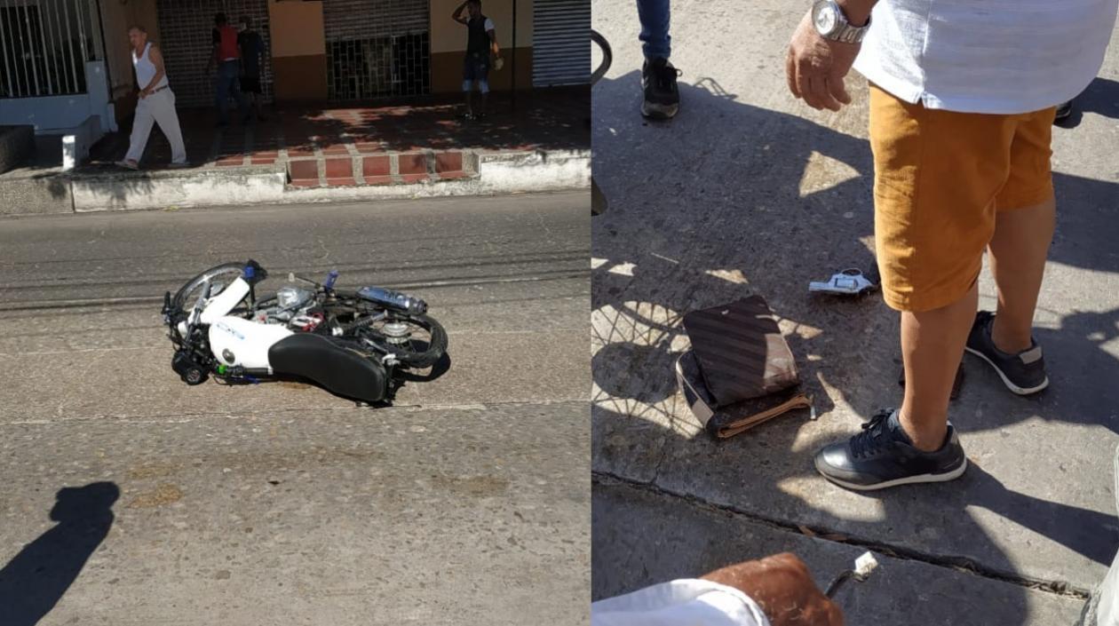 La motocicleta en la que se movilizaban los presuntos ladrones y el arma que le hallaron.