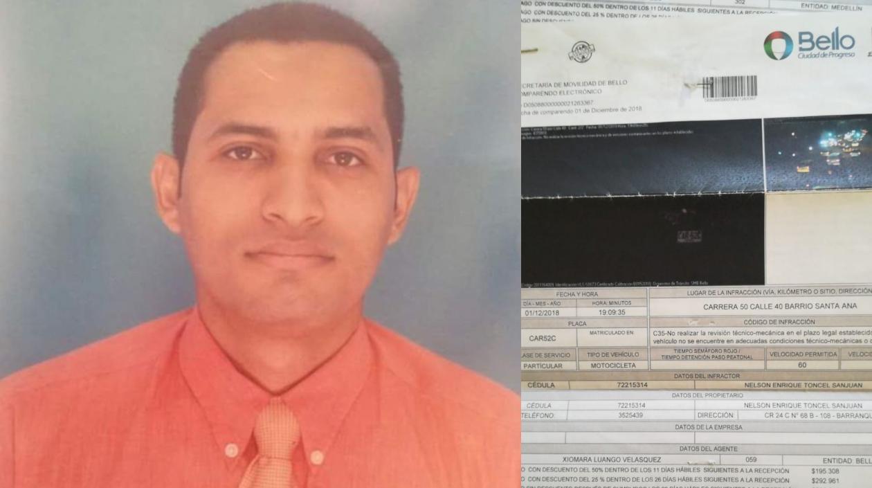 Nelson Enrique Toncel Sanjuan y uno de los comparendos.