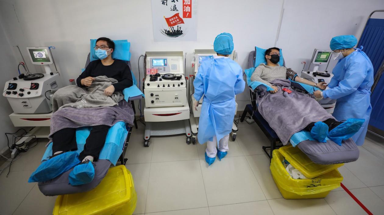 Dos médicos, ambos recuperados de COVID-19 después de una cuarentena de 14 días, donan plasma en una clínica en Wuhan, provincia de Hubei, China.