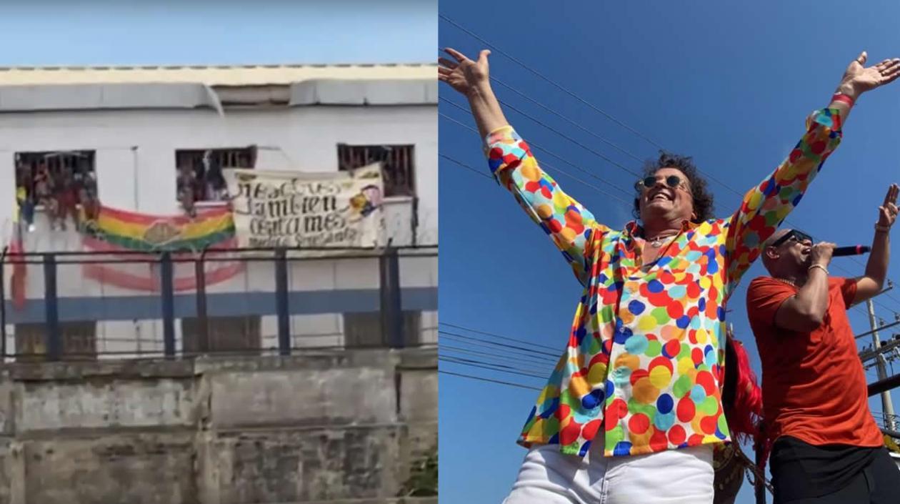 Carlos Vives saludando a los internos de la Modelo desde la carroza de Tecnoglass