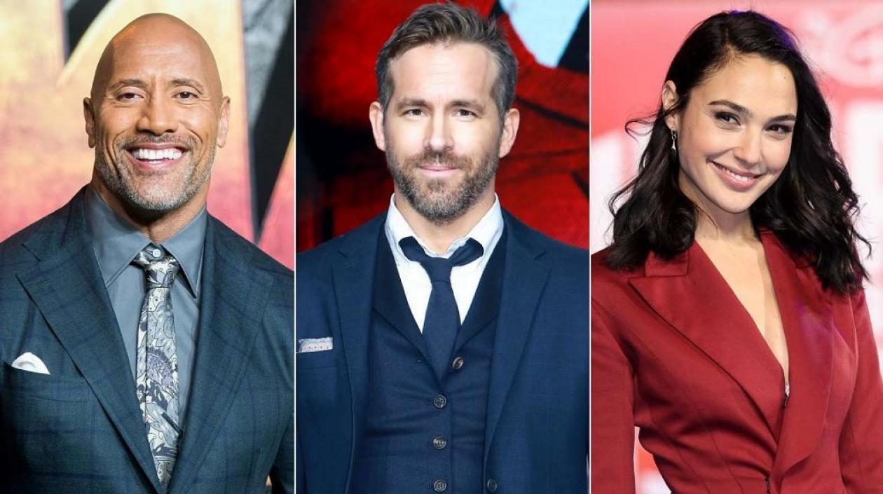 Dwyayne Johnson, Ryan Reynolds y Gal Gadot, protagonistas de la cinta.