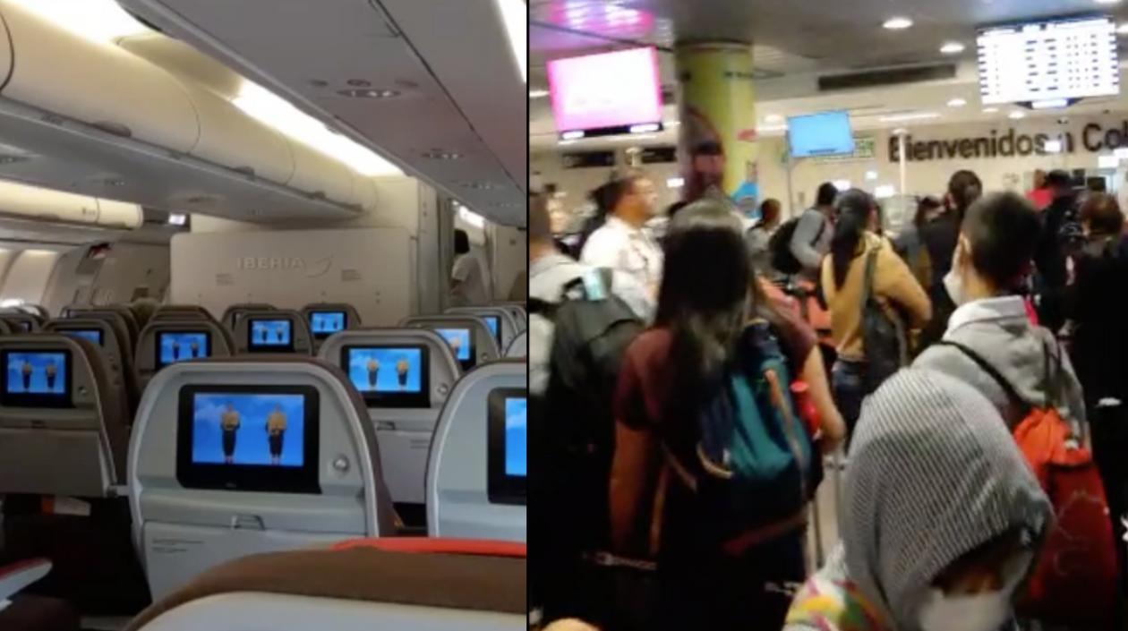 Avión en el que llegó a Colombia y la fila de Migración.