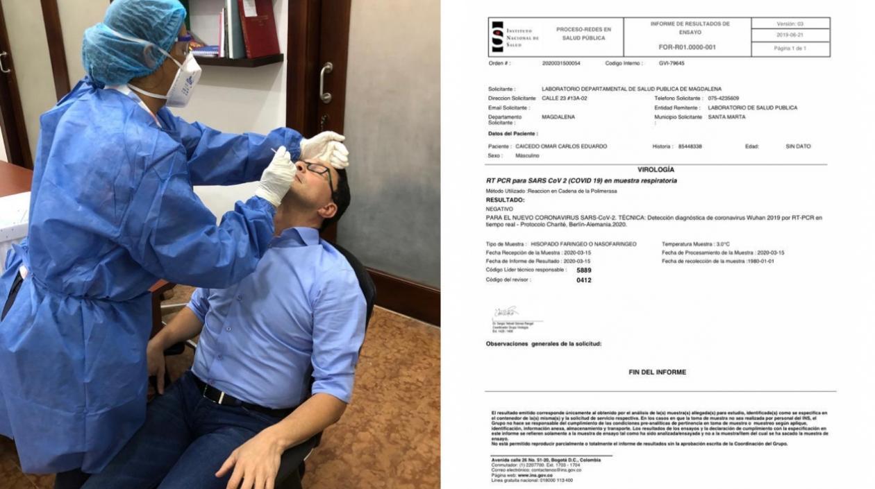 El gobernador Carlos Caicedo practicándose la prueba del Covid-19 y los resultados.